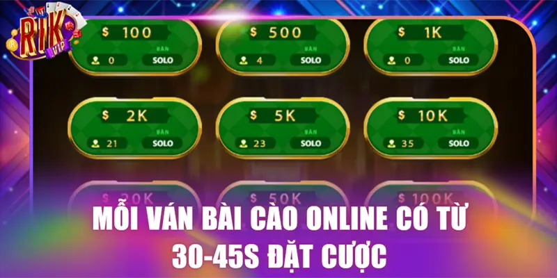 Mỗi ván bài cào online có từ 30-45s đặt cược